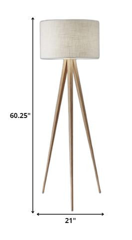 HomeRoots 60" Tripod Floor Lamp With White Drum Shade in Natural Oak Finish