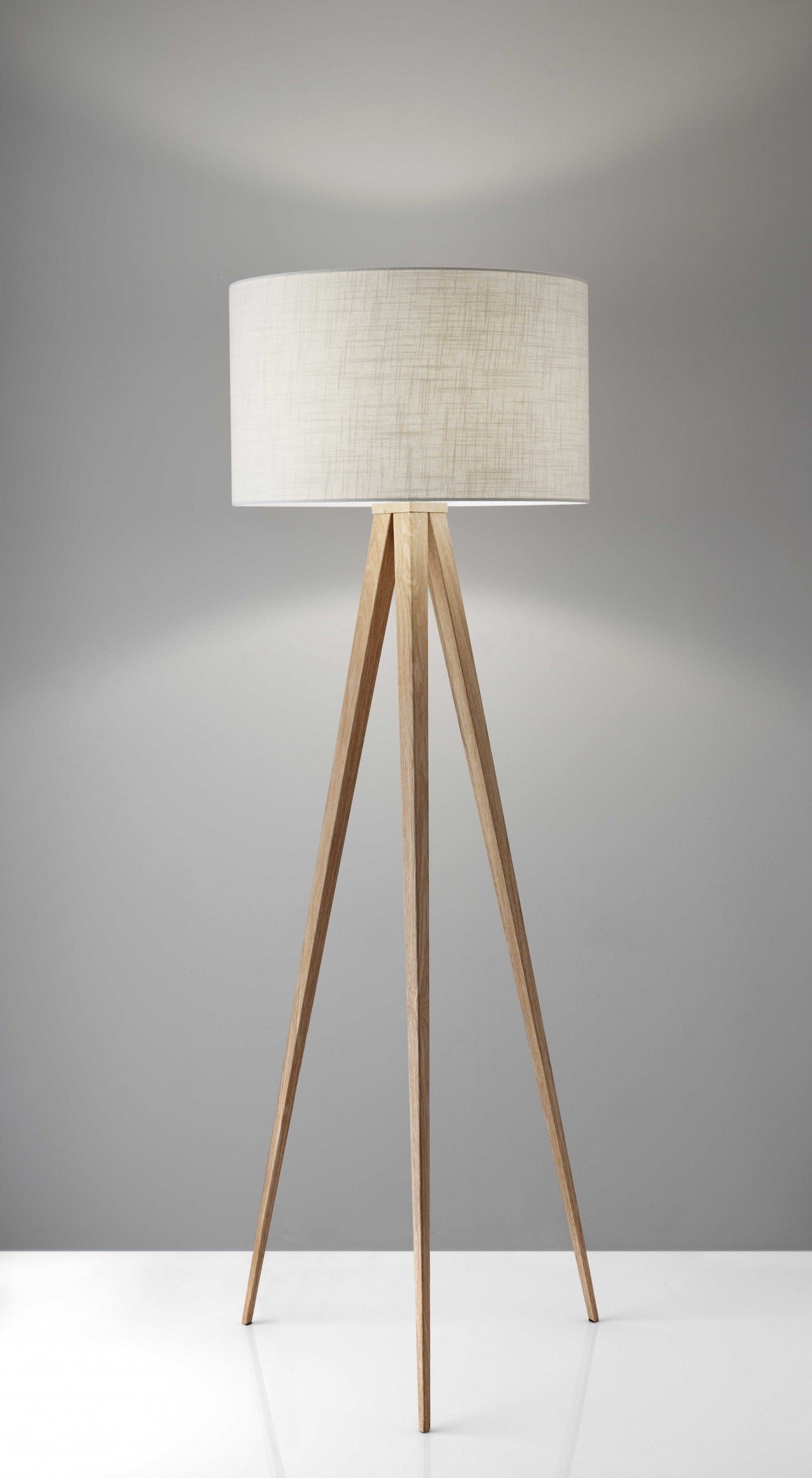 HomeRoots 60" Tripod Floor Lamp With White Drum Shade in Natural Oak Finish