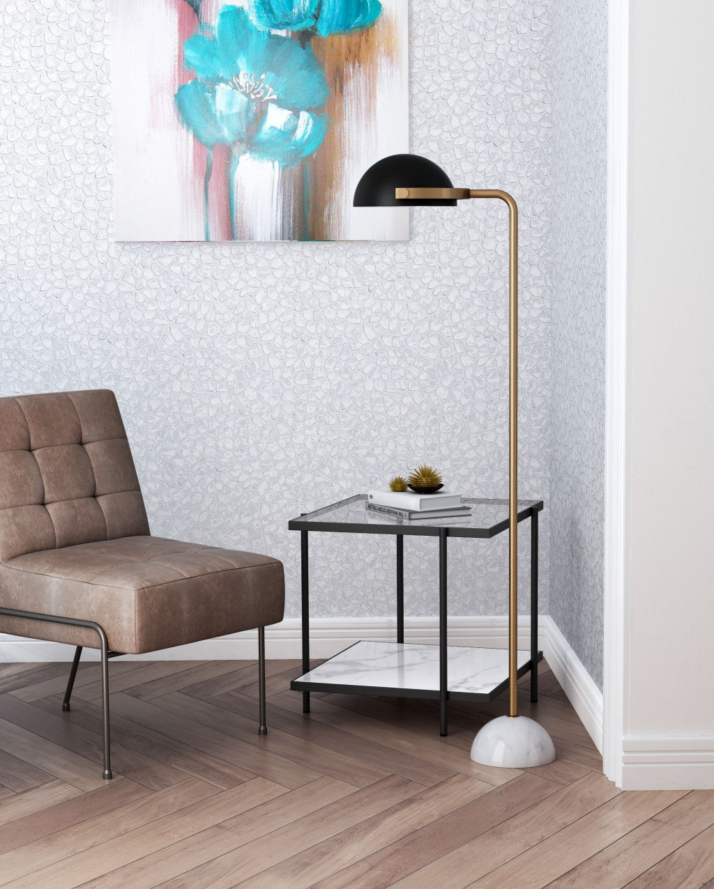 HomeRoots 61" Black And Gold Floor Lamp With White Marble Finish