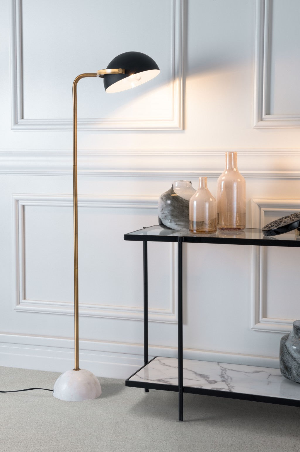 HomeRoots 61" Black And Gold Floor Lamp With White Marble Finish