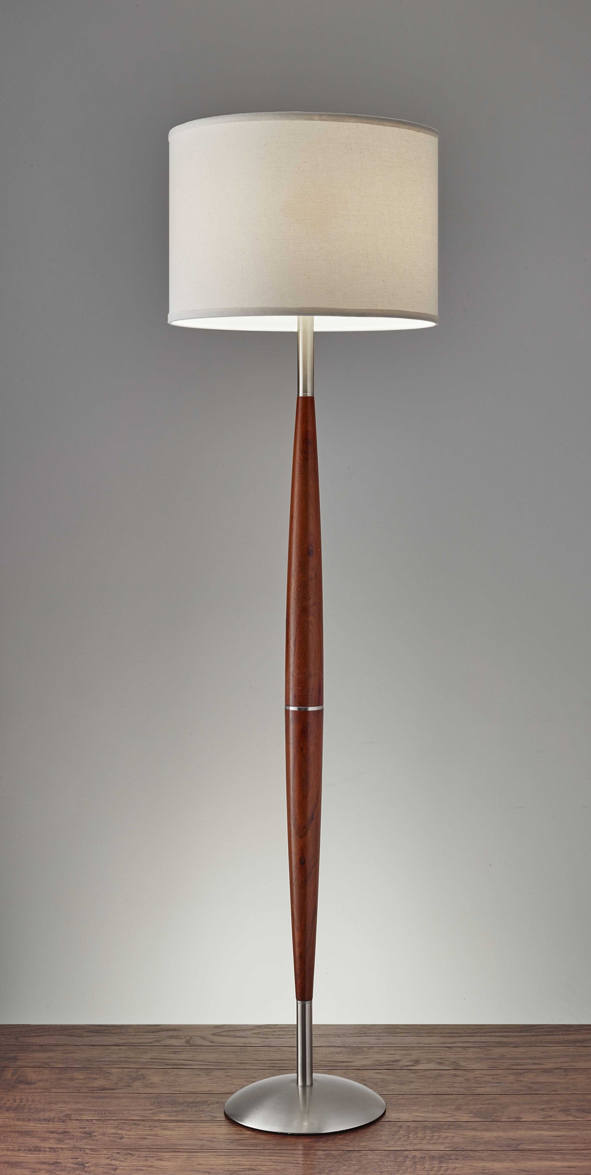 HomeRoots 61" Solid Wood Traditional Shaped Floor Lamp With White Drum Shade and Brown Finish