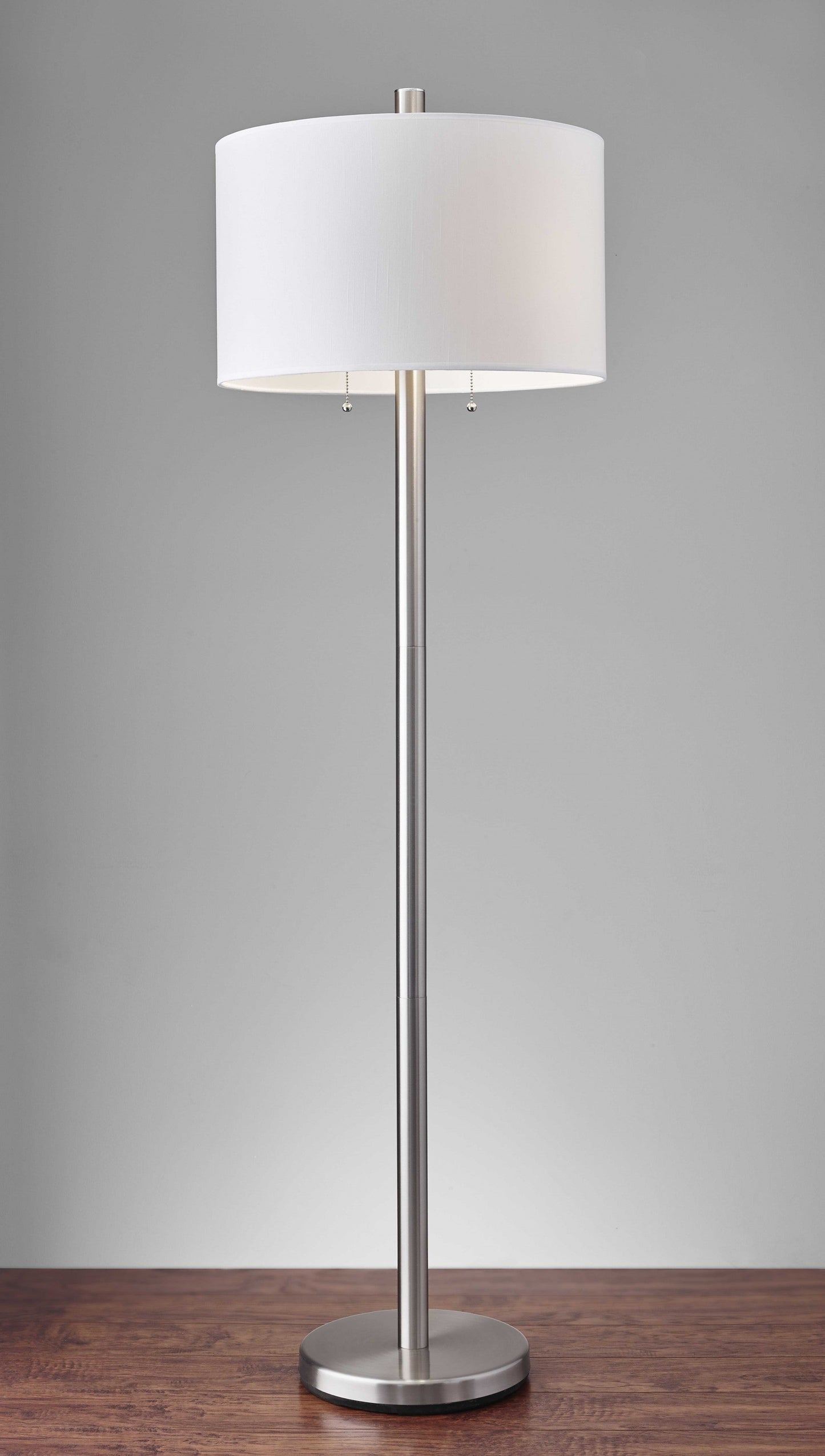 HomeRoots 61" Two Light Traditional Shaped Floor Lamp With White Drum Shade and Brushed Silver Finish