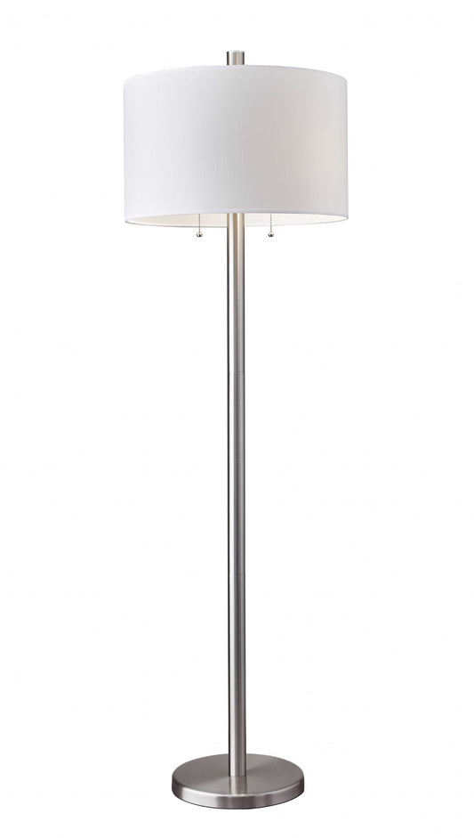 HomeRoots 61" Two Light Traditional Shaped Floor Lamp With White Drum Shade and Brushed Silver Finish