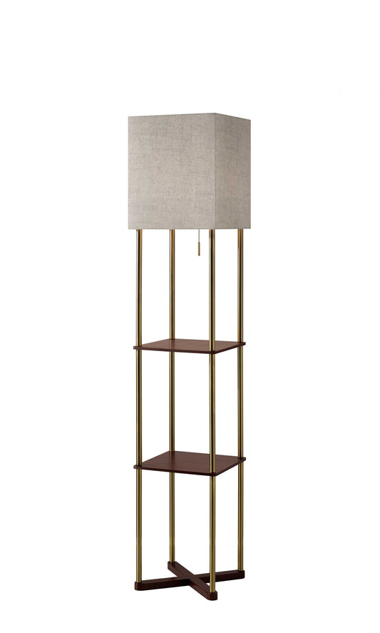 HomeRoots 62" Column Floor Lamp With Gray Square Shade and Storage Shelves with Two USB Ports in Walnut Wood FInish