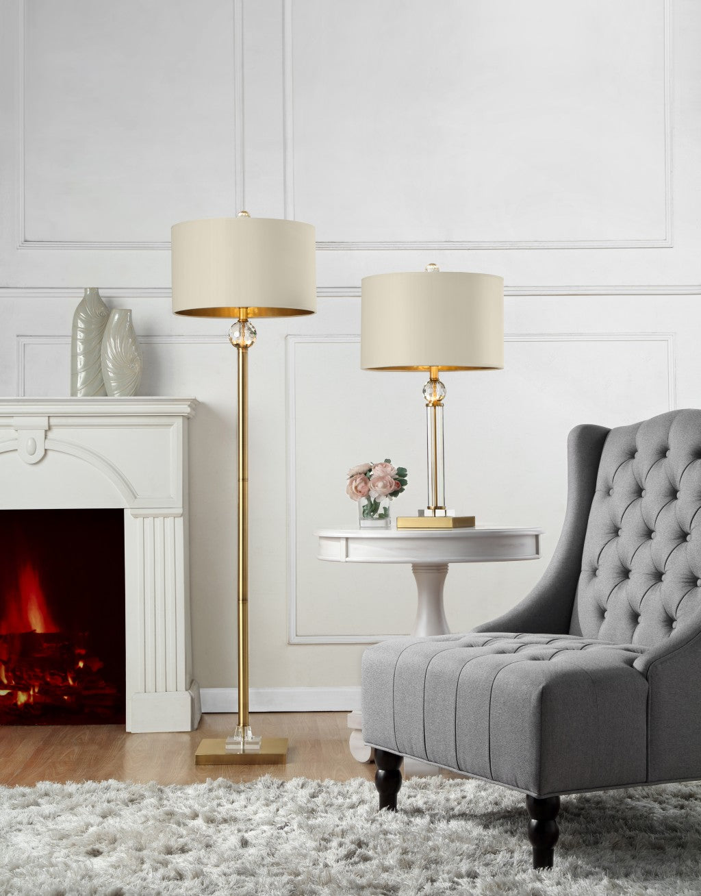 HomeRoots 63" Column Floor Lamp With Off-White Drum Shade in Gold Finish