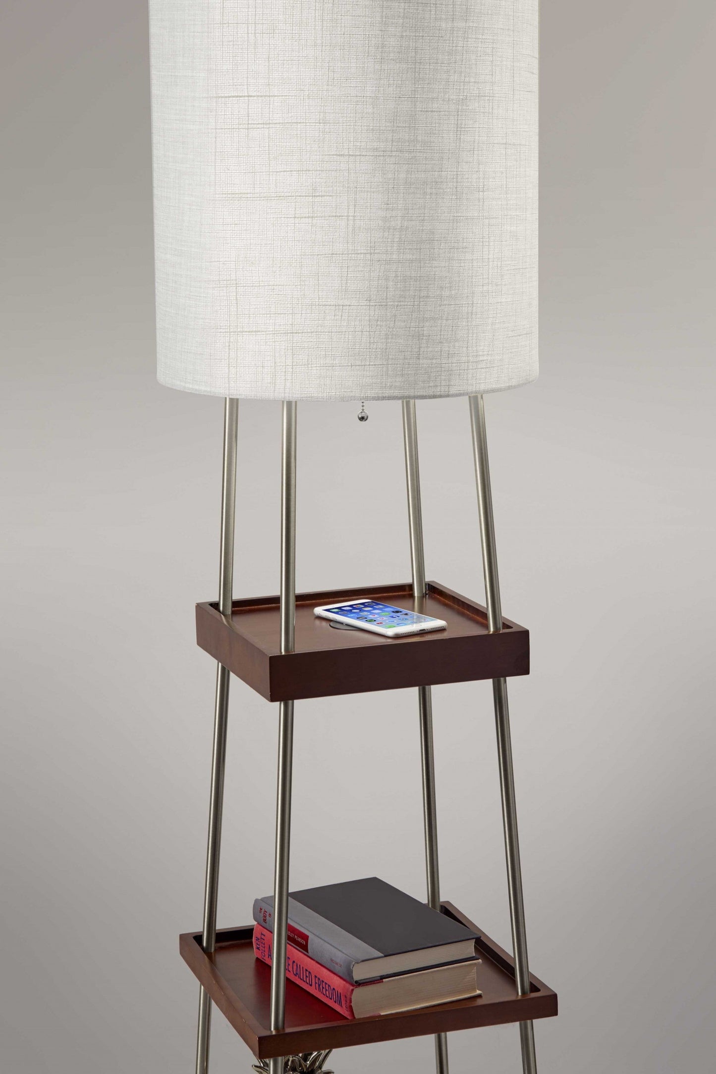 HomeRoots 63" Column Floor Lamp With White Drum Shade and Charging Station in Walnut Wood Finish