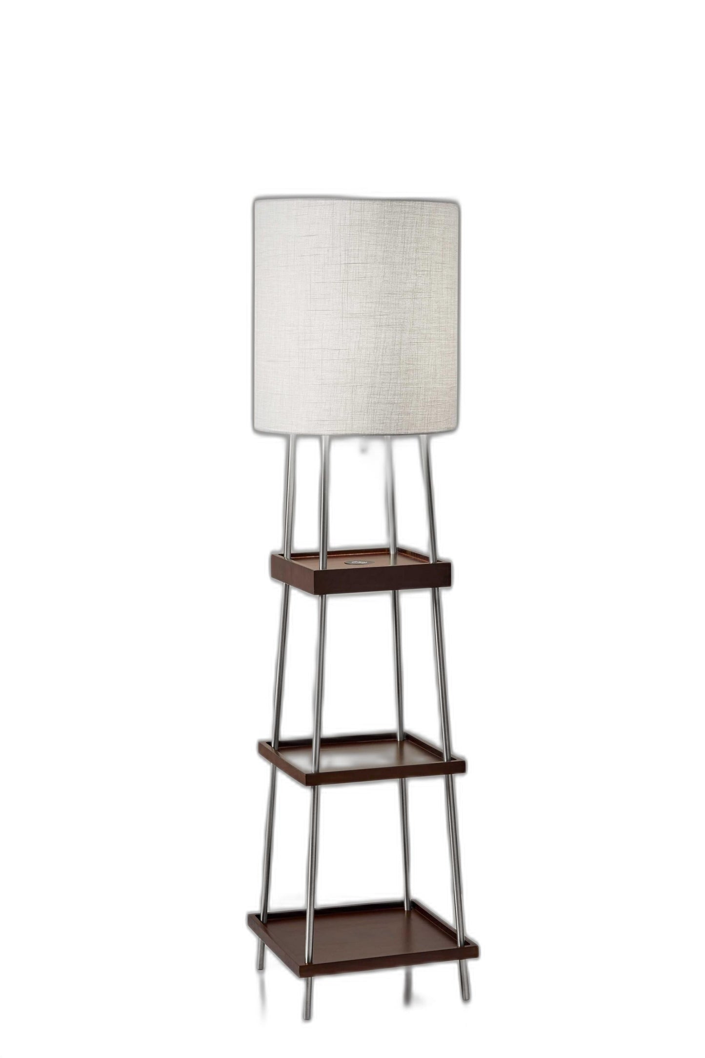 HomeRoots 63" Column Floor Lamp With White Drum Shade and Charging Station in Walnut Wood Finish