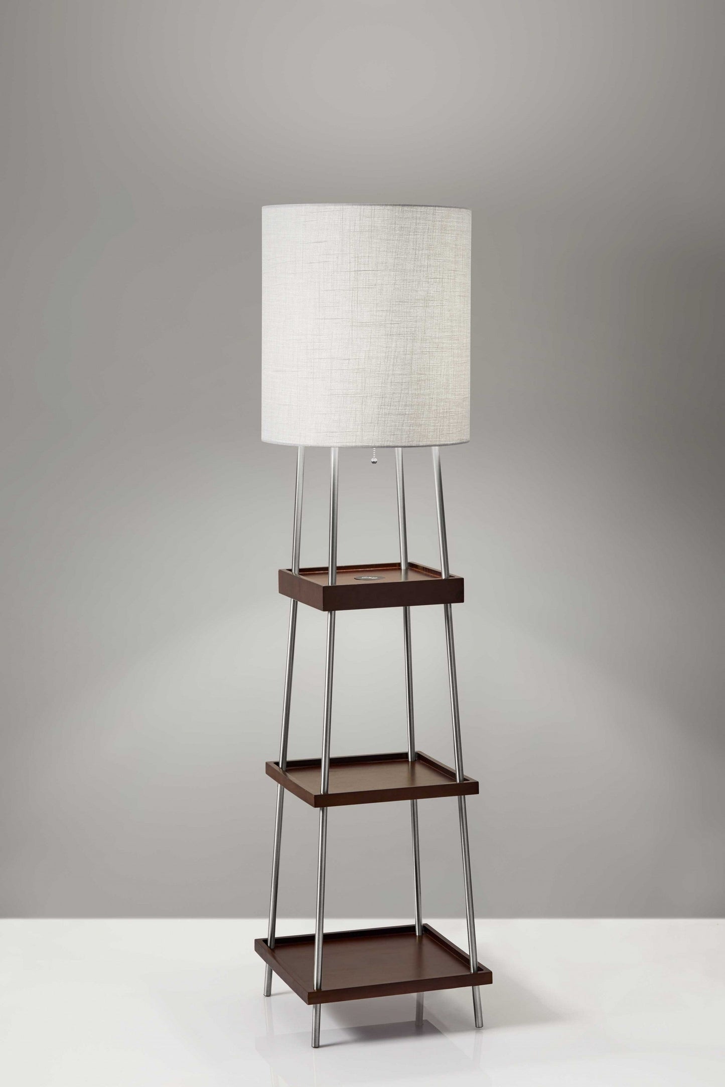 HomeRoots 63" Column Floor Lamp With White Drum Shade and Charging Station in Walnut Wood Finish