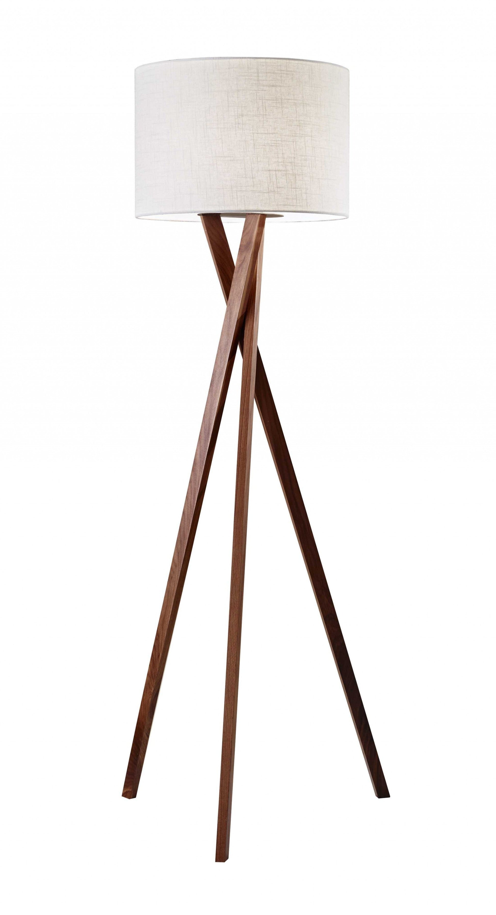 HomeRoots 63" Tripod Floor Lamp With White Drum Shade and Walnut Wood Finish