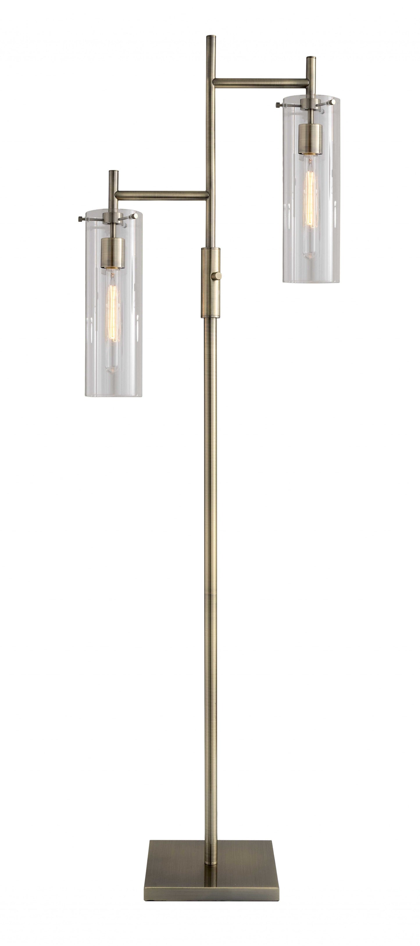 HomeRoots 64" Two Light Novelty Floor Lamp With Clear Drum Shade and Antique Brass Finish