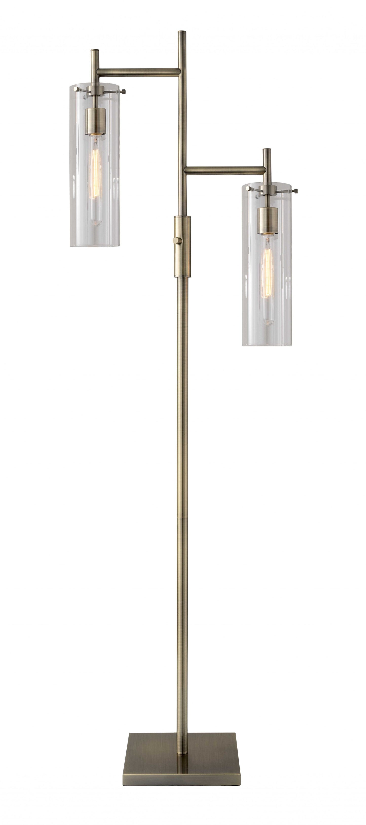 HomeRoots 64" Two Light Novelty Floor Lamp With Clear Drum Shade and Antique Brass Finish