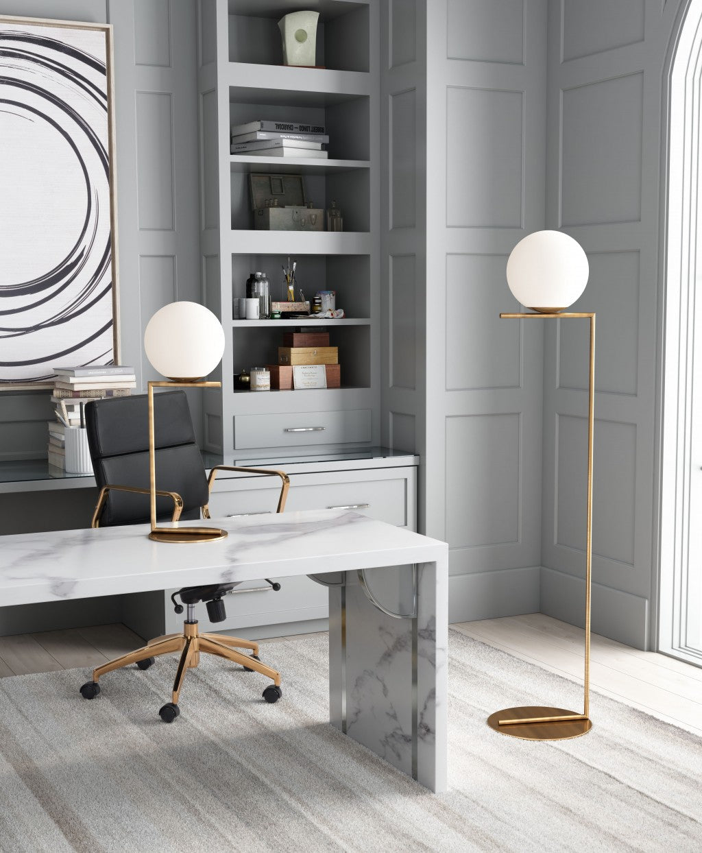 HomeRoots 65" Brass Metal Bedside Table Lamp With Off White Globe Shade