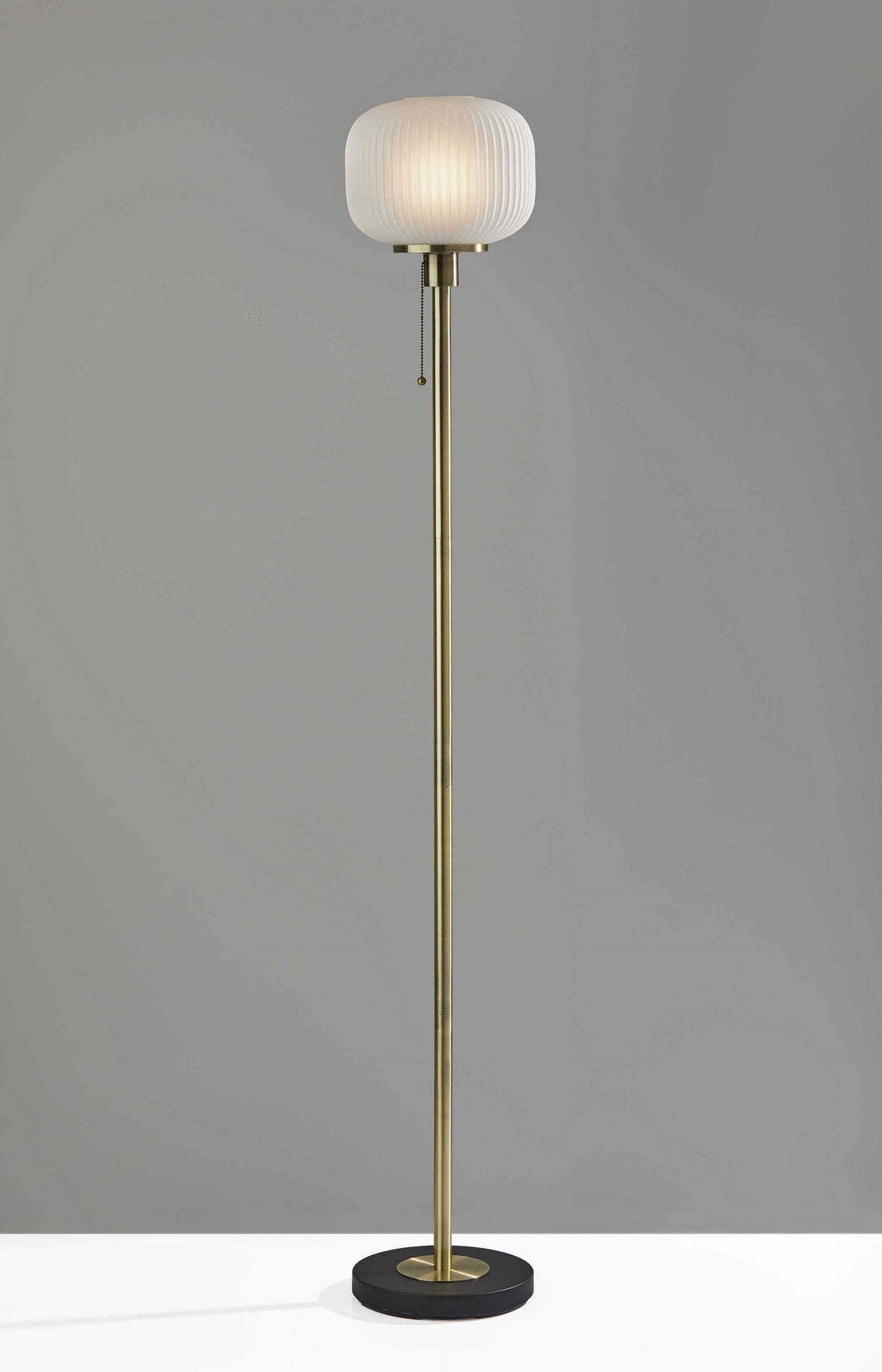 HomeRoots 65" Torchiere Floor Lamp With White Globe Shade in Antique Brass Finish