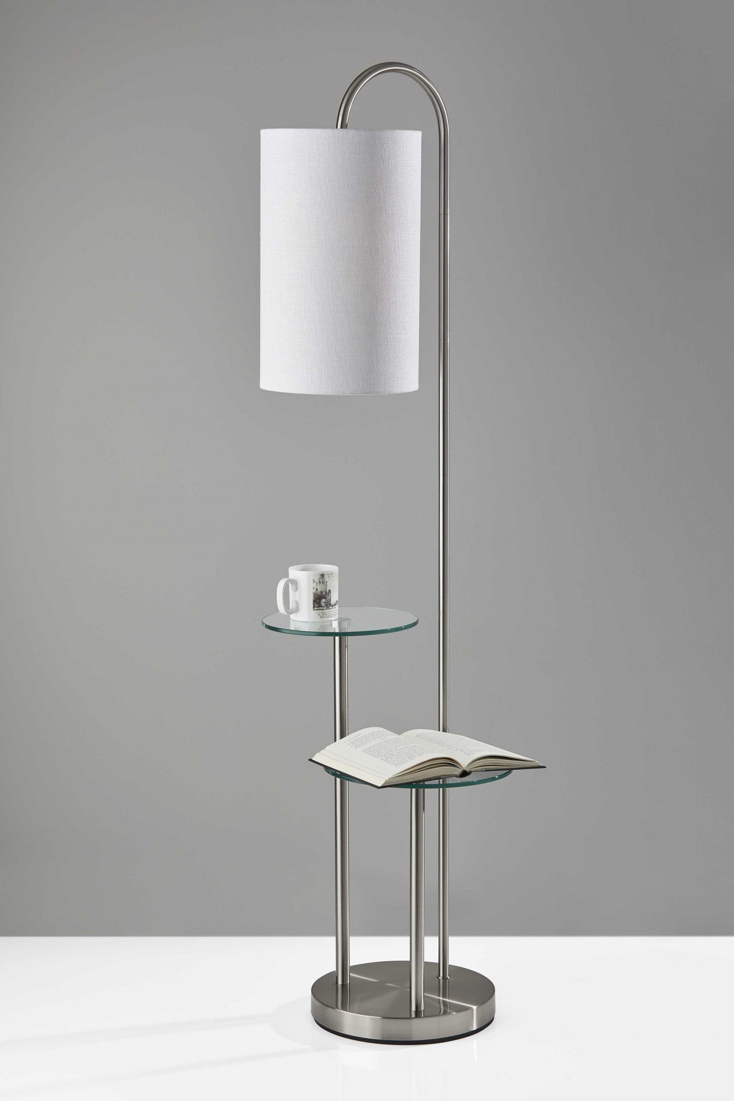 HomeRoots 66" Floor Lamp With Tray Table and White Drum Shade in Brushed Steel Finish