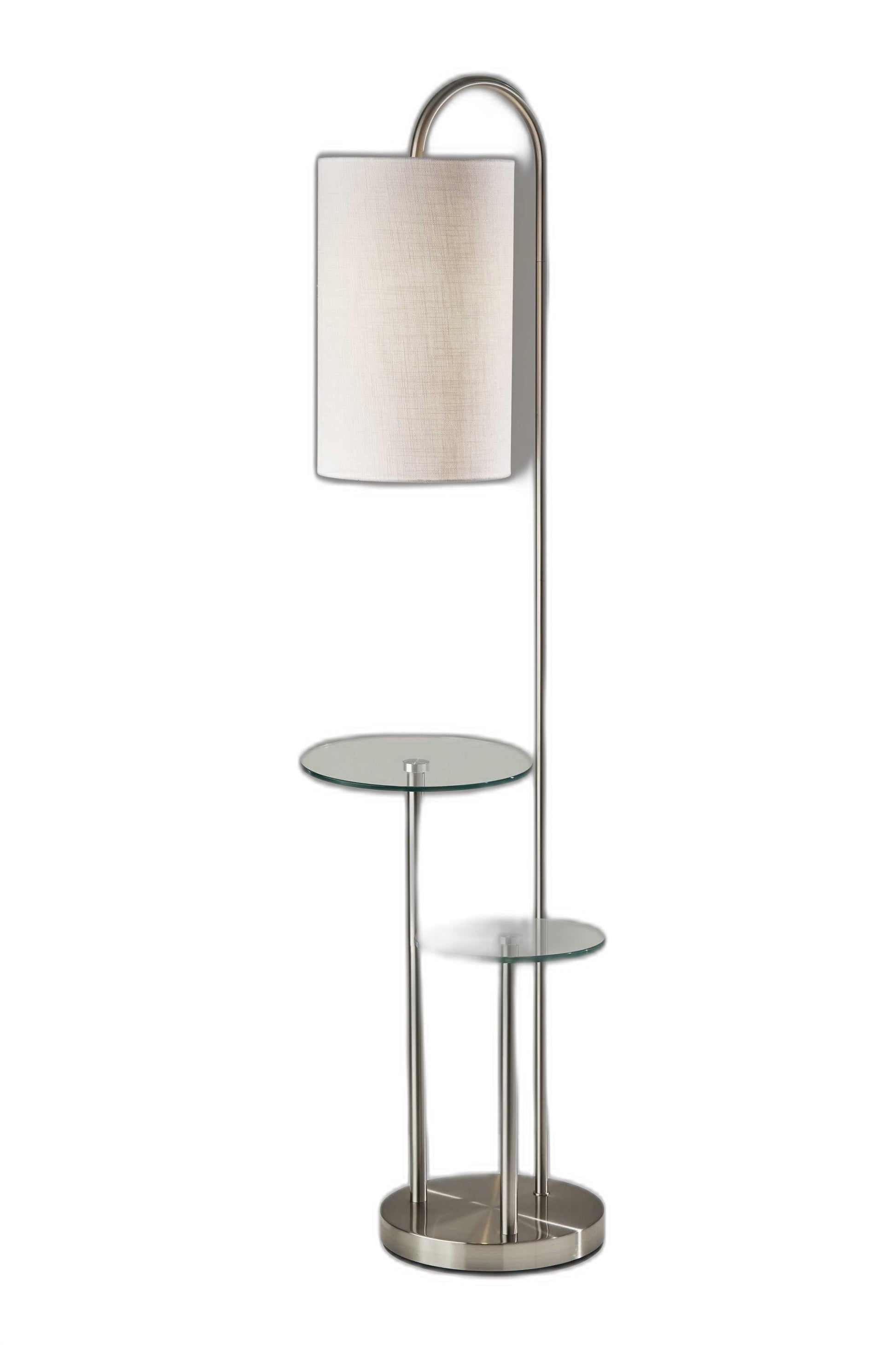 HomeRoots 66" Floor Lamp With Tray Table and White Drum Shade in Brushed Steel Finish