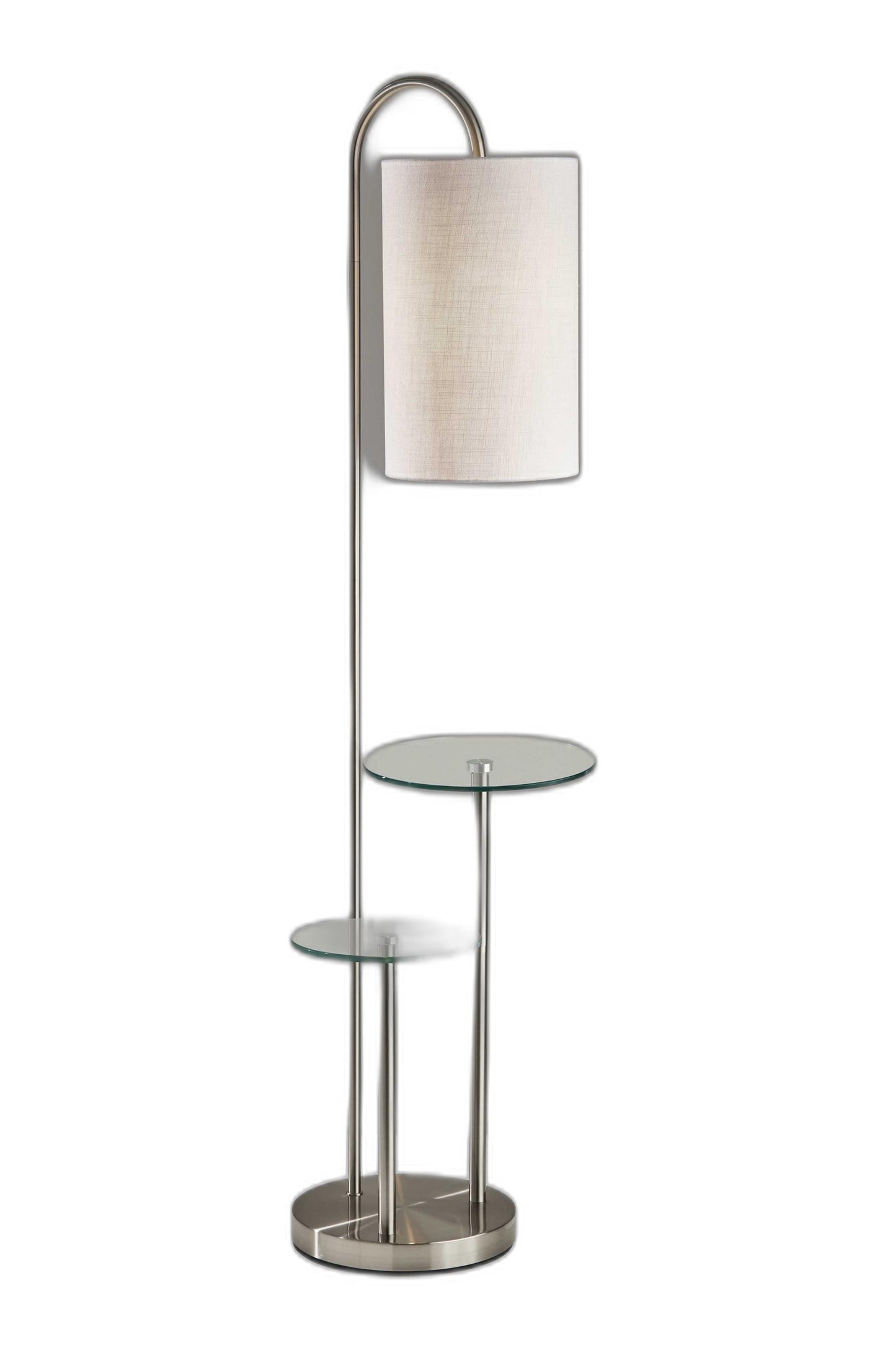 HomeRoots 66" Floor Lamp With Tray Table and White Drum Shade in Brushed Steel Finish