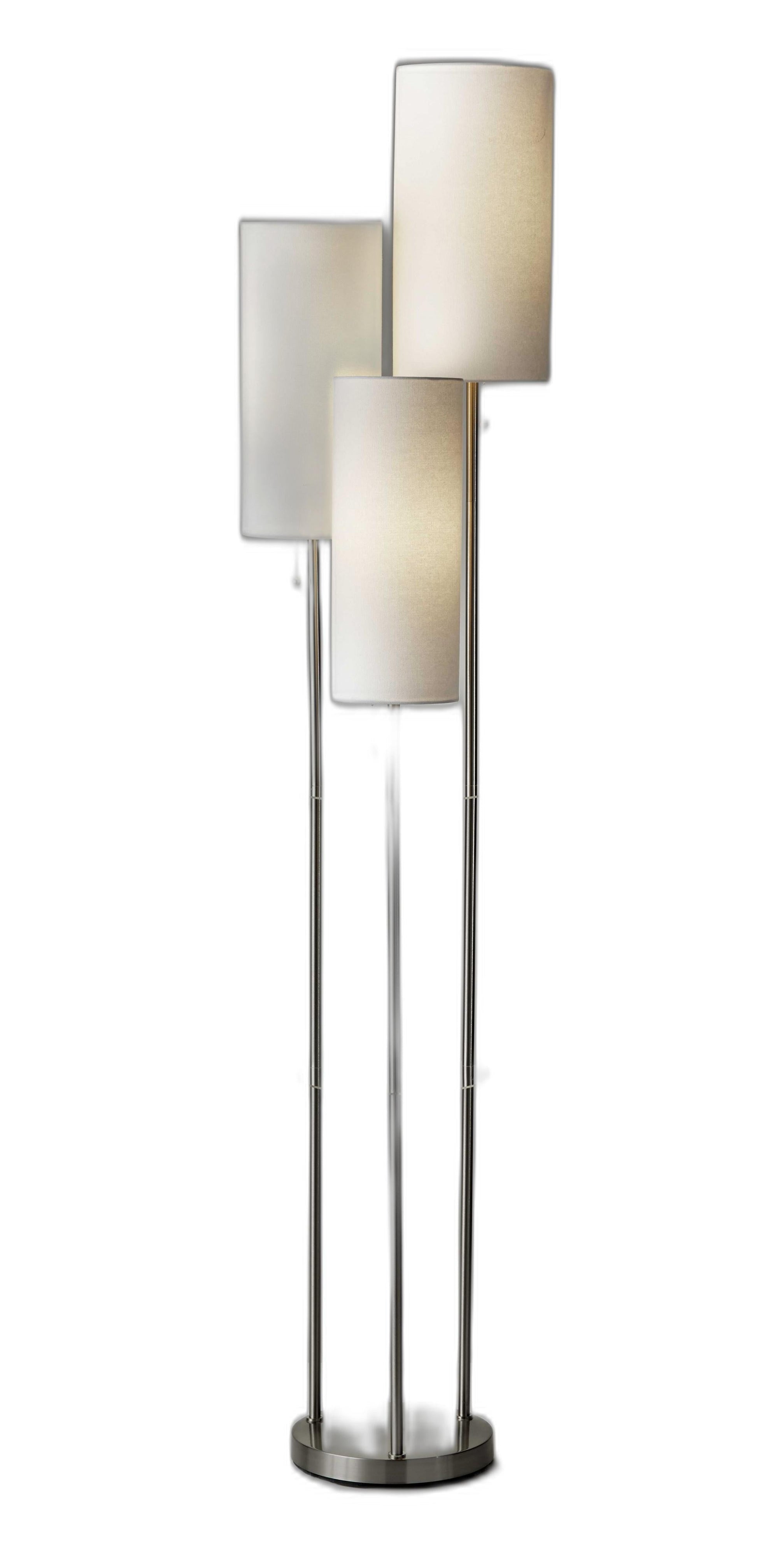 HomeRoots 68" Three Light Novelty Floor Lamp With White Drum Shade in Brushed Steel Finish