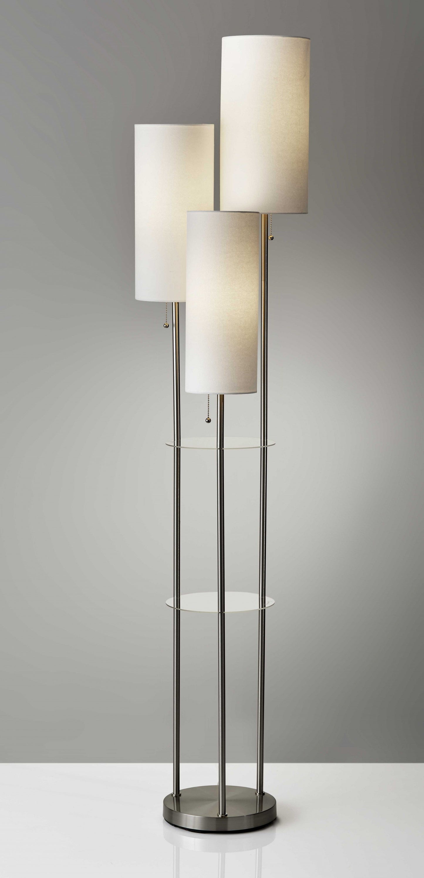 HomeRoots 68" Three Light Novelty Floor Lamp With White Drum Shade in Brushed Steel Finish