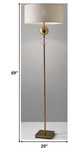 HomeRoots 69" Traditional Shaped Floor Lamp With White Drum Shade and Antiqued Brass Finish