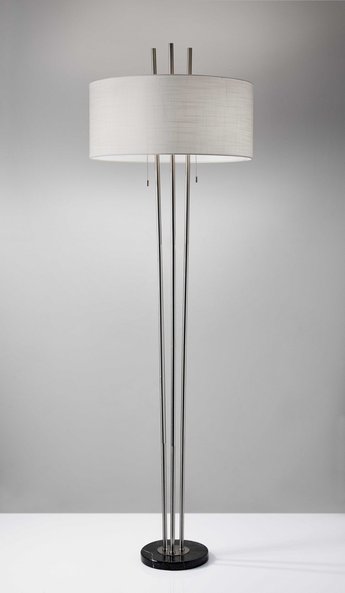 HomeRoots 71" Two Light Traditional Shaped Floor Lamp With White Drum Shade in Brushed Silver Finish