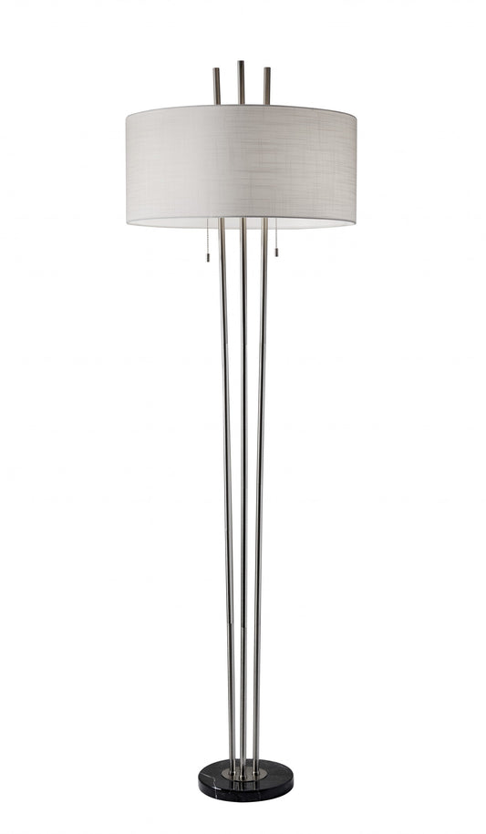 HomeRoots 71" Two Light Traditional Shaped Floor Lamp With White Drum Shade in Brushed Silver Finish