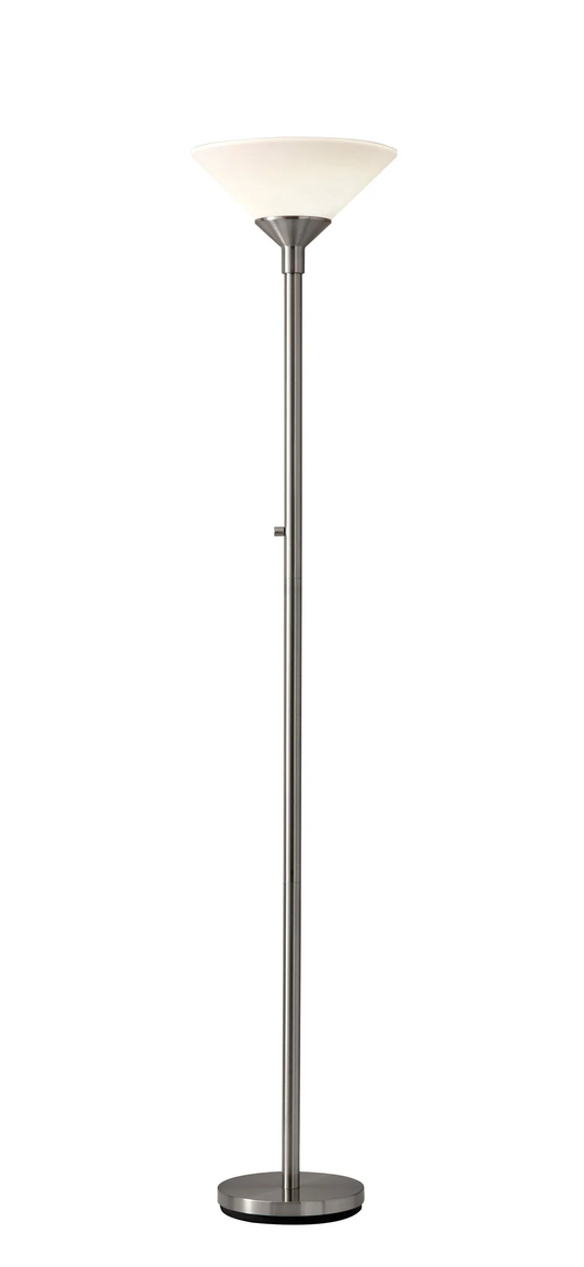 HomeRoots 73" Torchiere Floor Lamp With White Cone Shade and Brushed Silver Finish