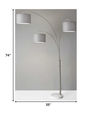 HomeRoots 74" Three Light Adjustable LED Tree Floor Lamp With Gray Drum Shade in Brushed Silver Finish