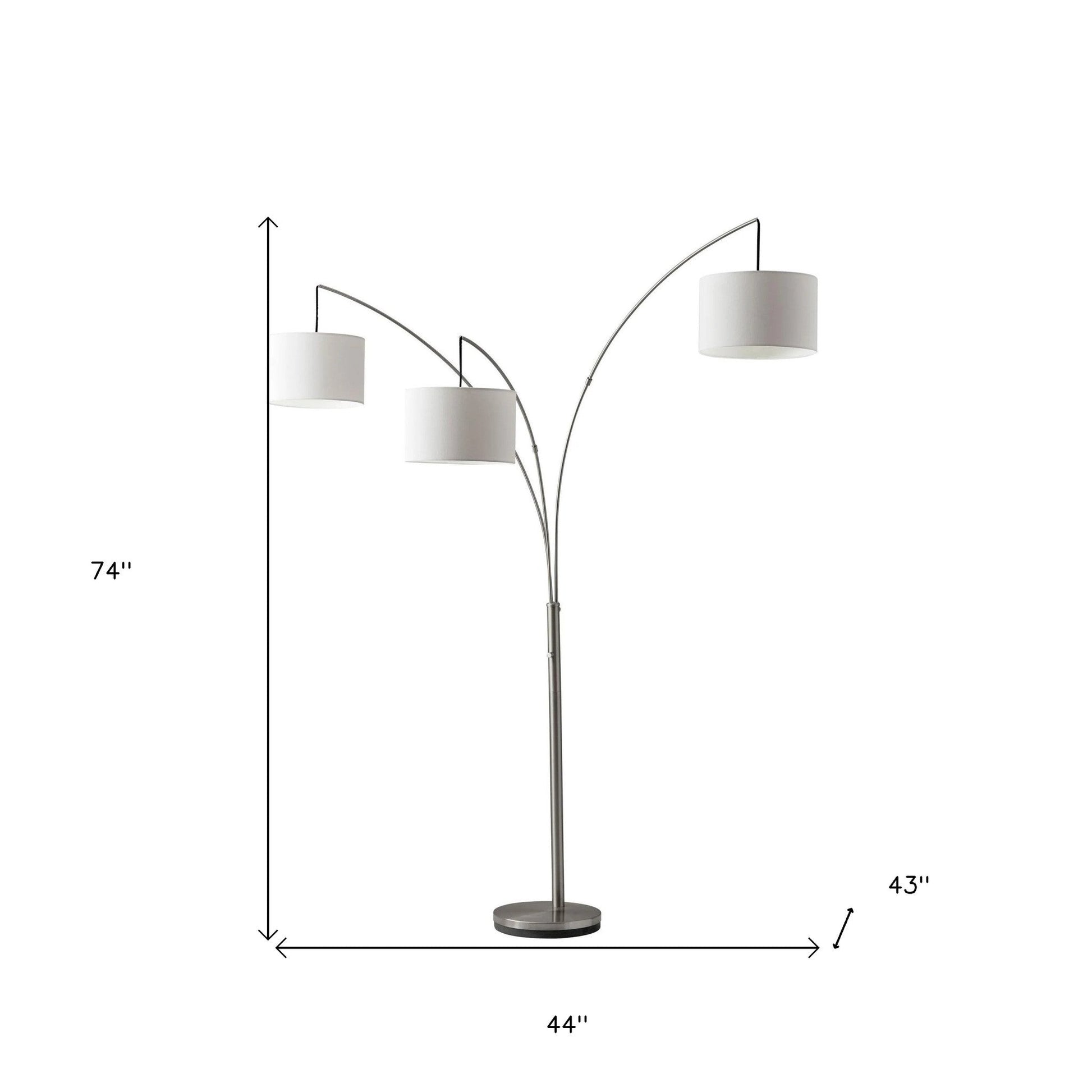 HomeRoots 74" Three Light Arc Floor Lamp With Suspended White Drum Shades in Brushed Steel Metal Finish