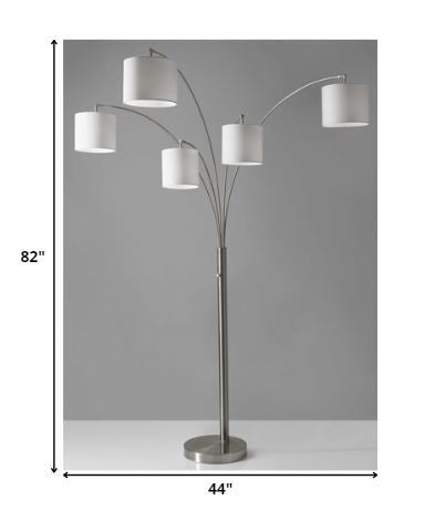 HomeRoots 82" Five Light Tree Floor Lamp With White Drum Shade and Brushed Steel Finish