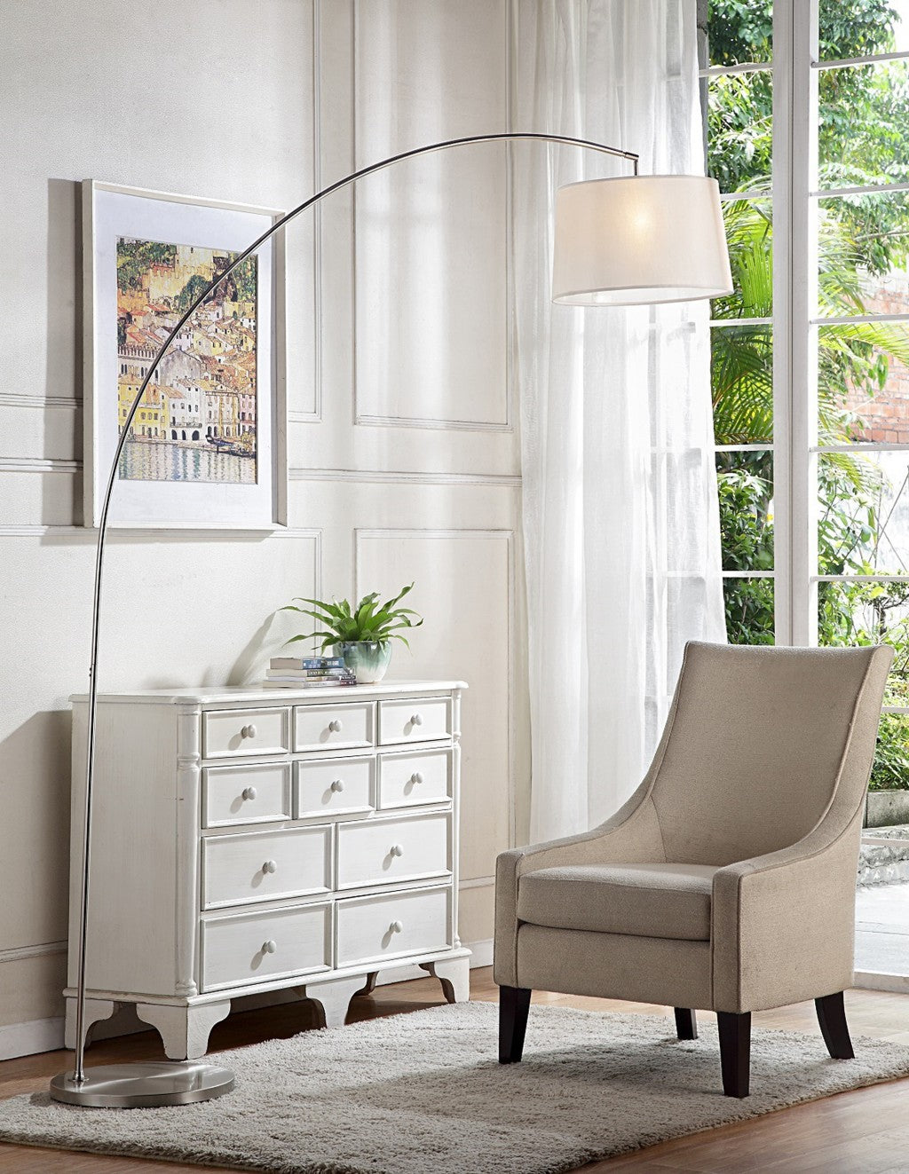HomeRoots 85" Adjustable Arched Floor Lamp With Drum Shade in White Finish