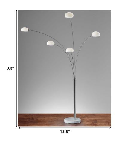 HomeRoots 86" Steel Five Light Tree Floor Lamp With White Bell Shade and Brushed Steel Finish