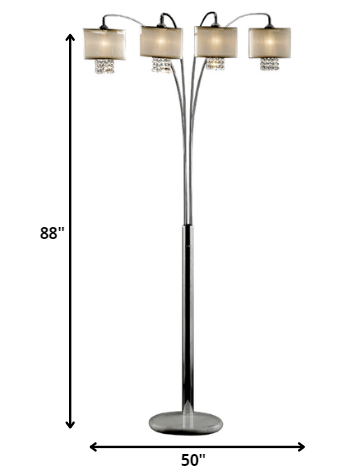 HomeRoots 88" Steel Four Light Arched Floor Lamp With Crystal Shade in Silver Finish