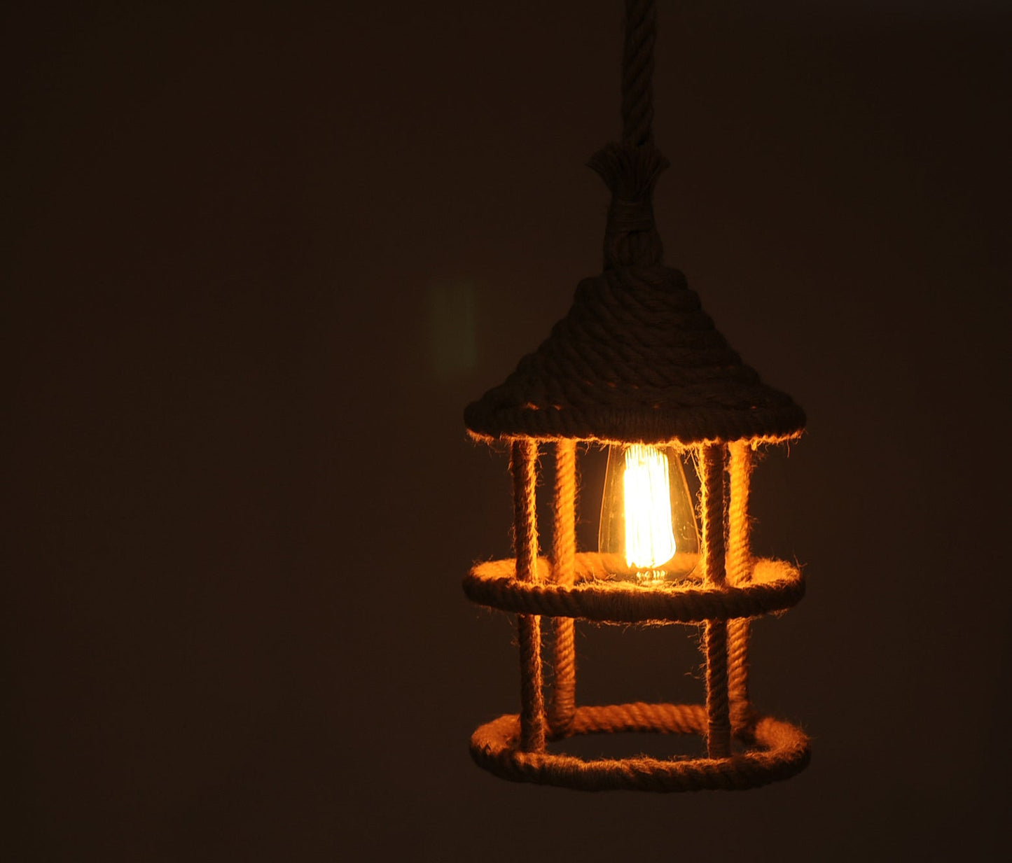 HomeRoots 8.5" x 8.5" x 47" Rope Pendant Lamp With Beige and Black Finish