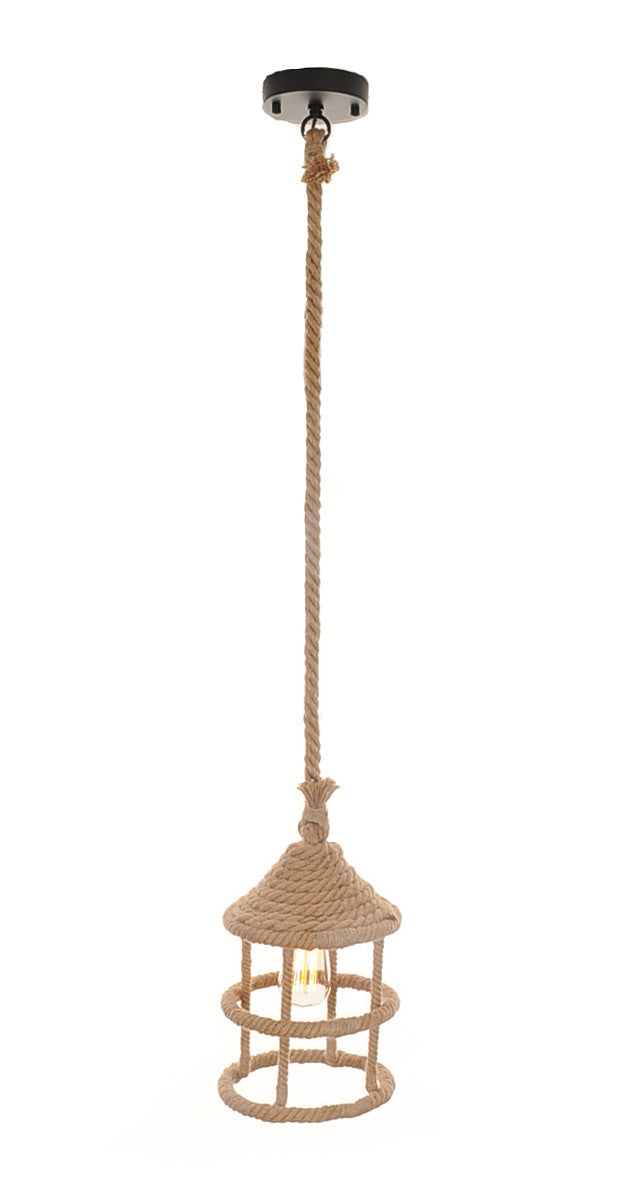 HomeRoots 8.5" x 8.5" x 47" Rope Pendant Lamp With Beige and Black Finish