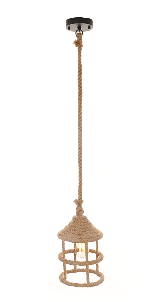 HomeRoots 8.5" x 8.5" x 47" Rope Pendant Lamp With Beige and Black Finish