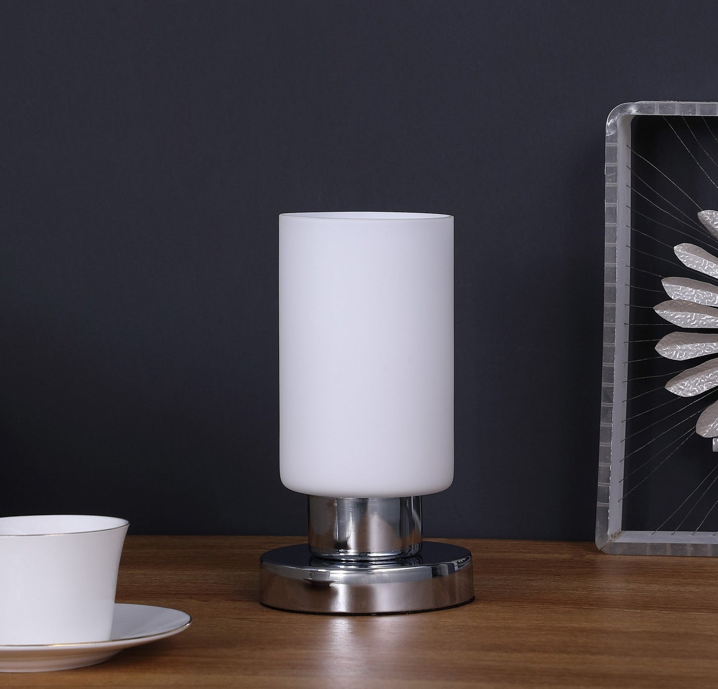 HomeRoots 9" Bedside Table Lamp With White Drum Shade in Silver Finish