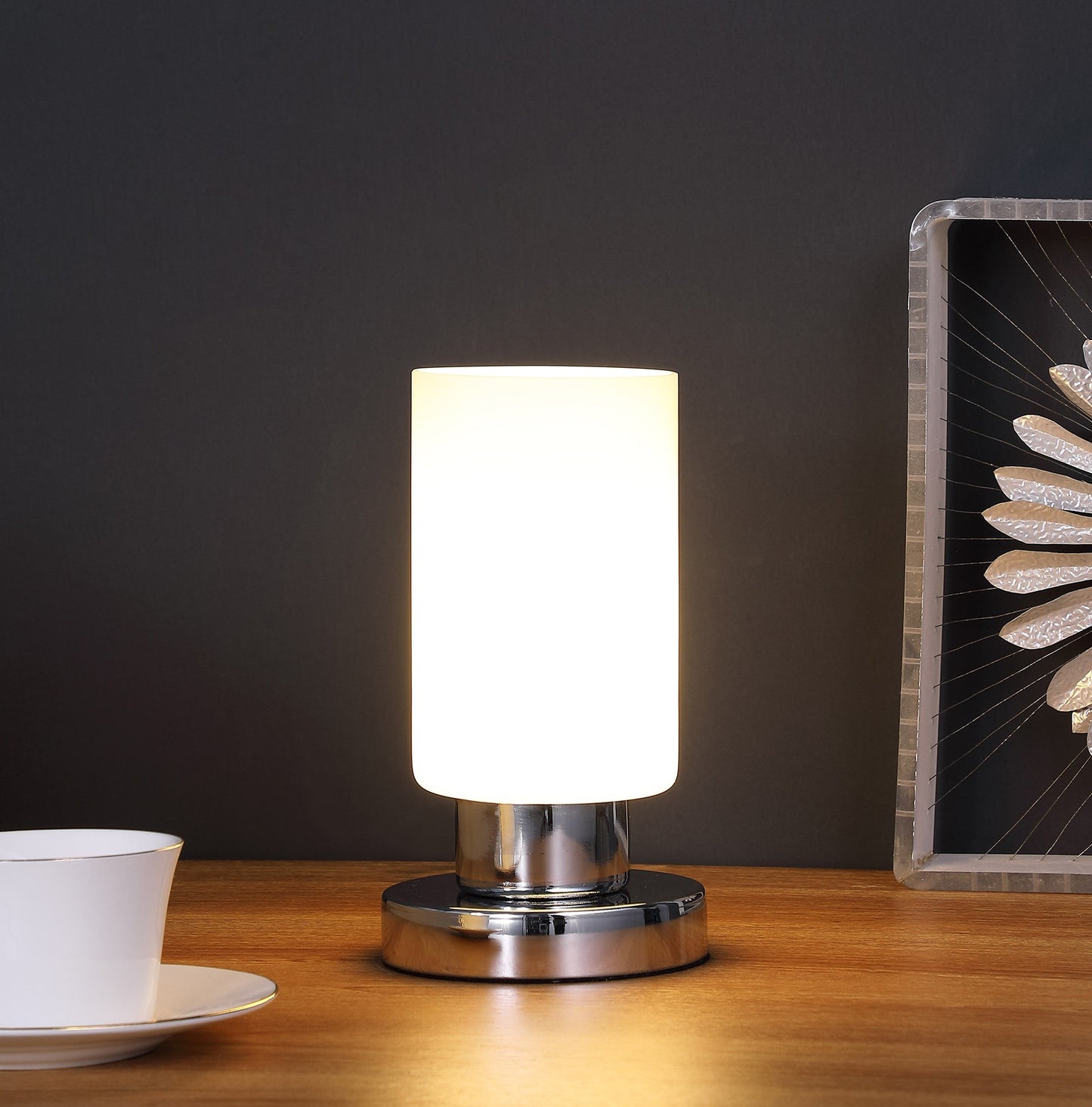 HomeRoots 9" Bedside Table Lamp With White Drum Shade in Silver Finish