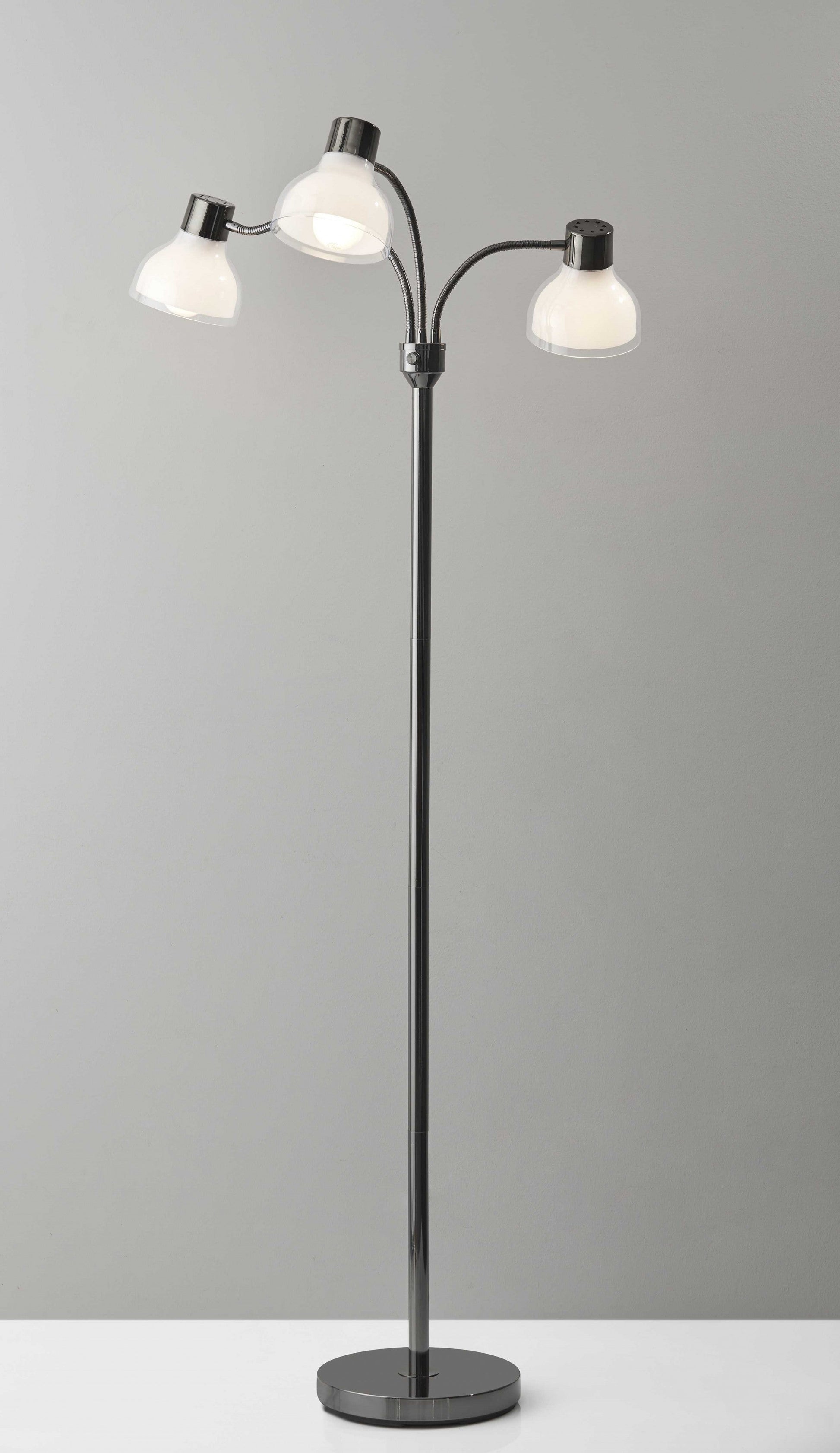 HomeRoots Adjustable Three Light Floor Lamp in Black Nickel Finish With Frosted Inner Shades