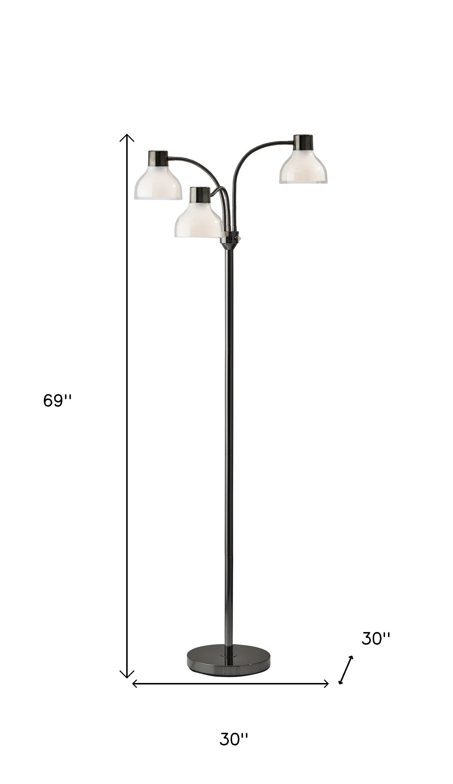 HomeRoots Adjustable Three Light Floor Lamp in Black Nickel Finish With Frosted Inner Shades