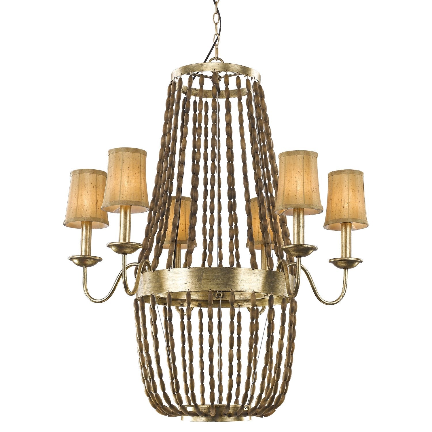 HomeRoots Anastasia 12-Light Antique Gold Leaf Chandelier With Wooden Beaded Chains And Gold Fabric Shades