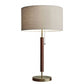 HomeRoots Antique Brass Metal and Walnut Wood Table Lamp With Beige Drum Shade