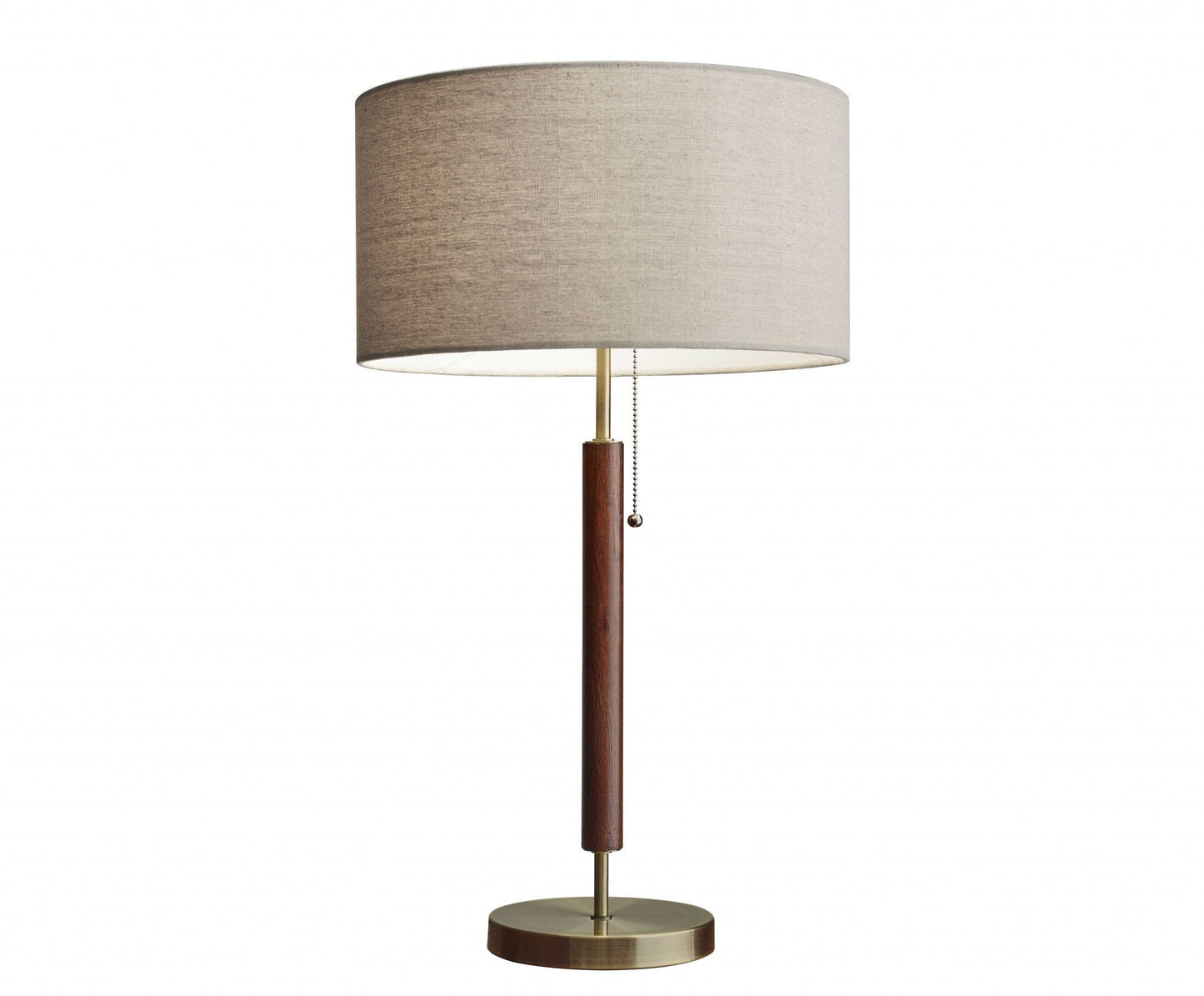 HomeRoots Antique Brass Metal and Walnut Wood Table Lamp With Beige Drum Shade