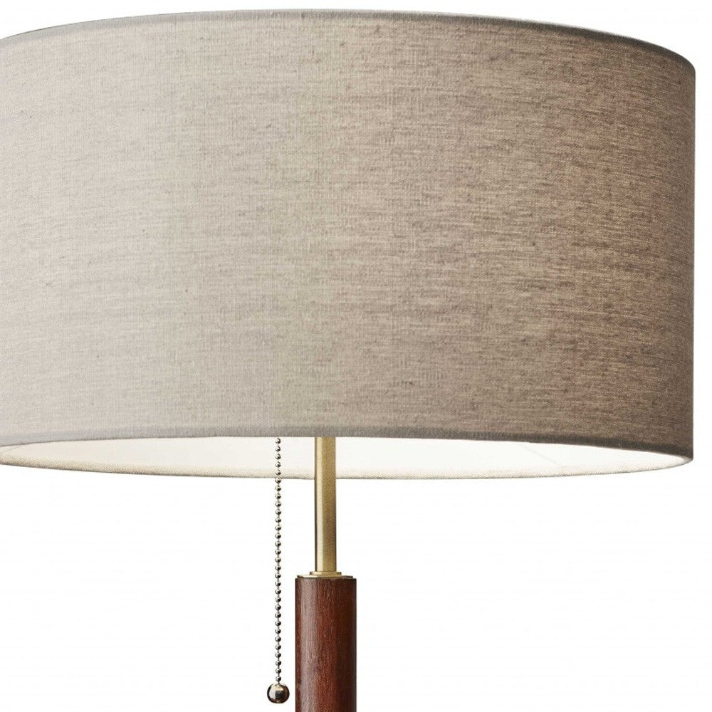 HomeRoots Antique Brass Metal and Walnut Wood Table Lamp With Beige Drum Shade