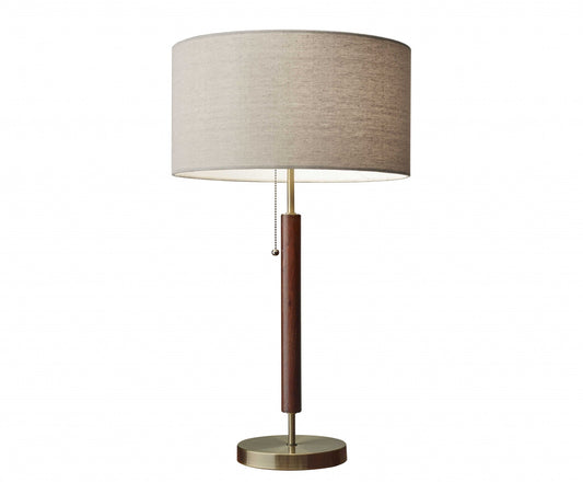 HomeRoots Antique Brass Metal and Walnut Wood Table Lamp With Beige Drum Shade