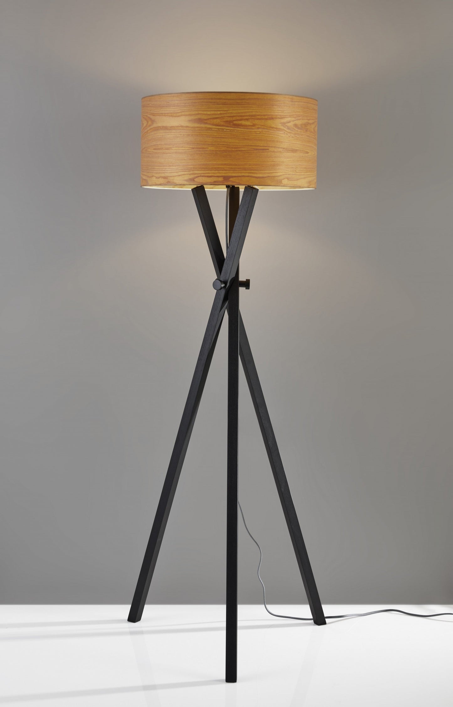 HomeRoots Architectonic Tripod Floor Lamp in Black Wood Finish With Rustic Wood Grain Shade