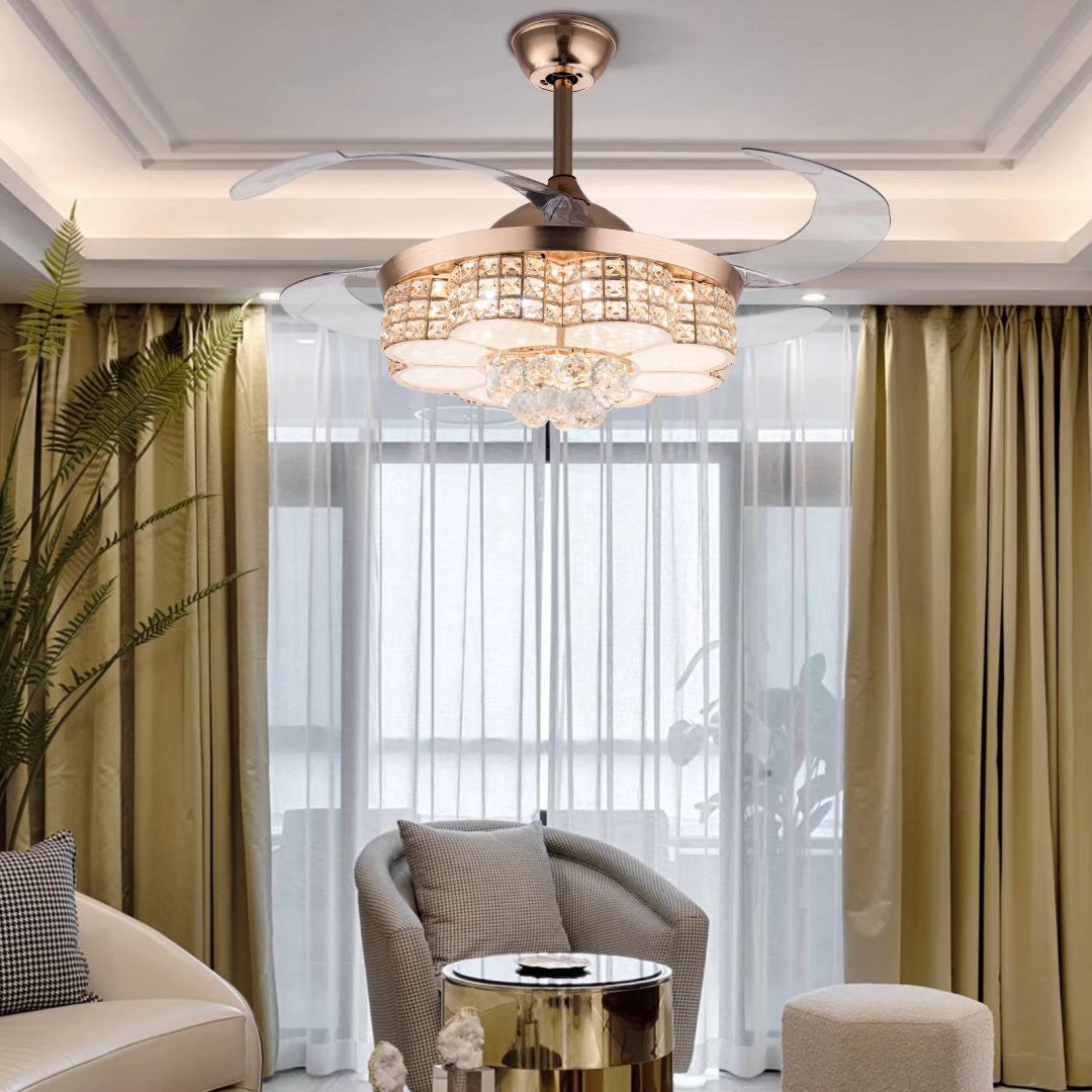 HomeRoots Art Deco Glam Chandelier And Retractable Fan in Gold Finish