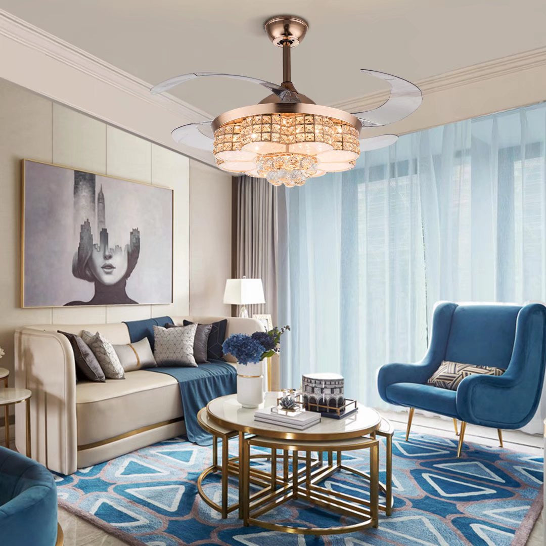 HomeRoots Art Deco Glam Chandelier And Retractable Fan in Gold Finish