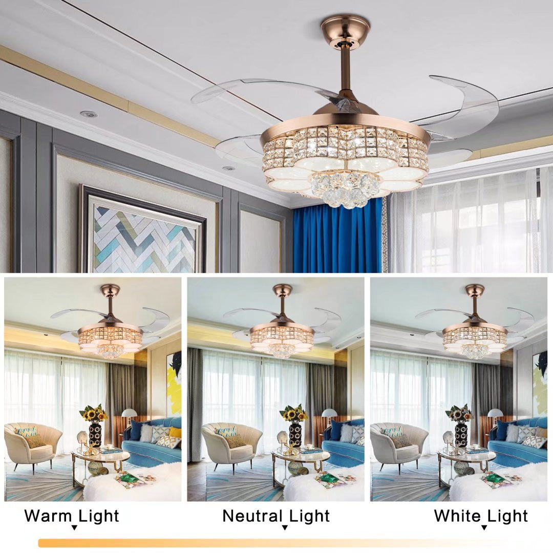 HomeRoots Art Deco Glam Chandelier And Retractable Fan in Gold Finish