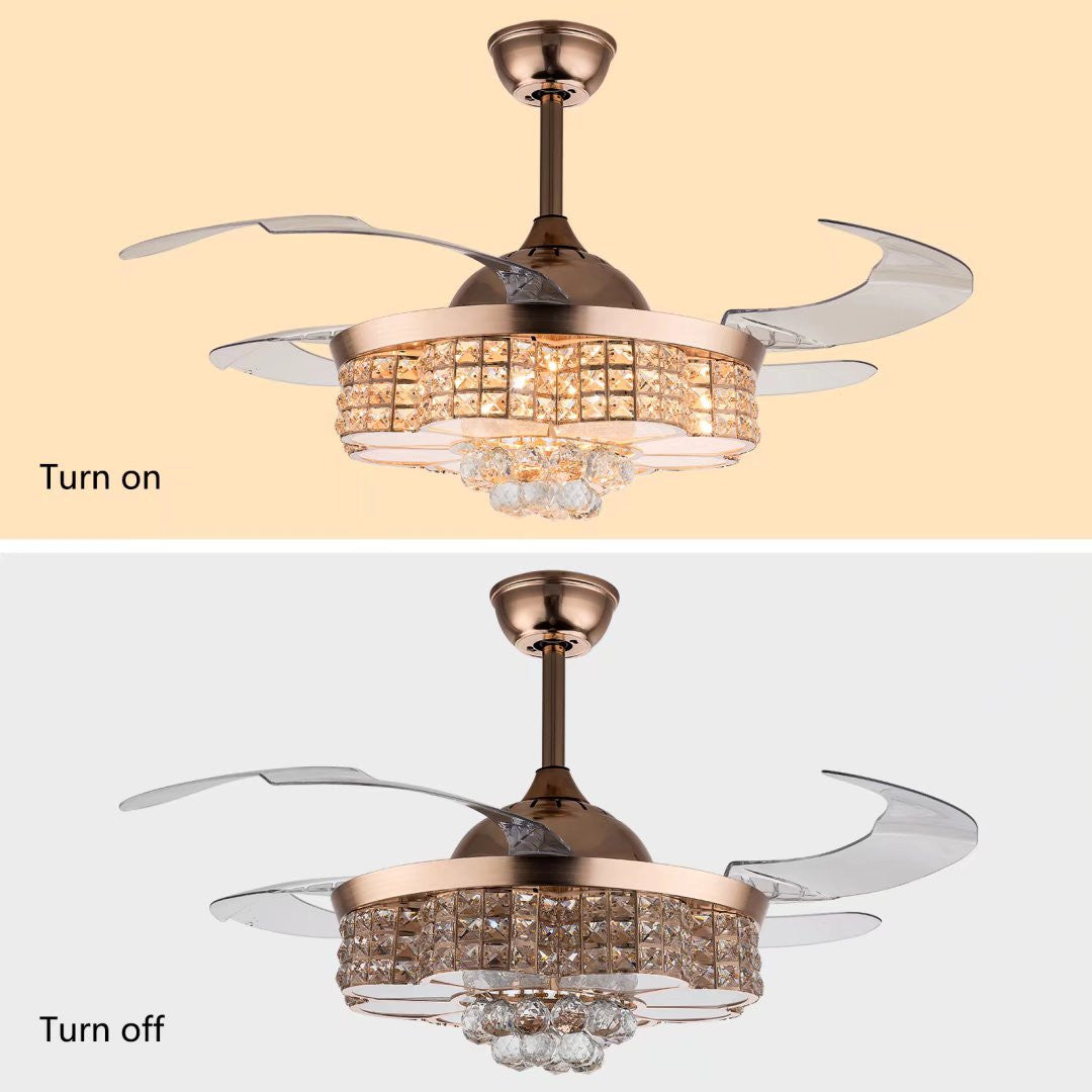 HomeRoots Art Deco Glam Chandelier And Retractable Fan in Gold Finish
