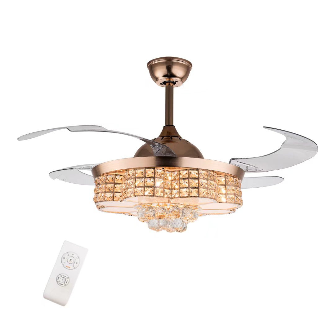 HomeRoots Art Deco Glam Chandelier And Retractable Fan in Gold Finish